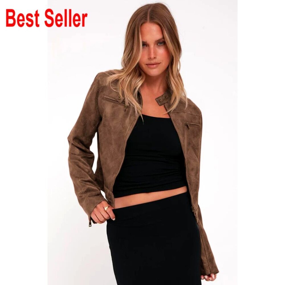 Faux Leather Cropped Motorcycle Jacket Zip Up Stand Collar Vintage Style - Picture 2 of 7